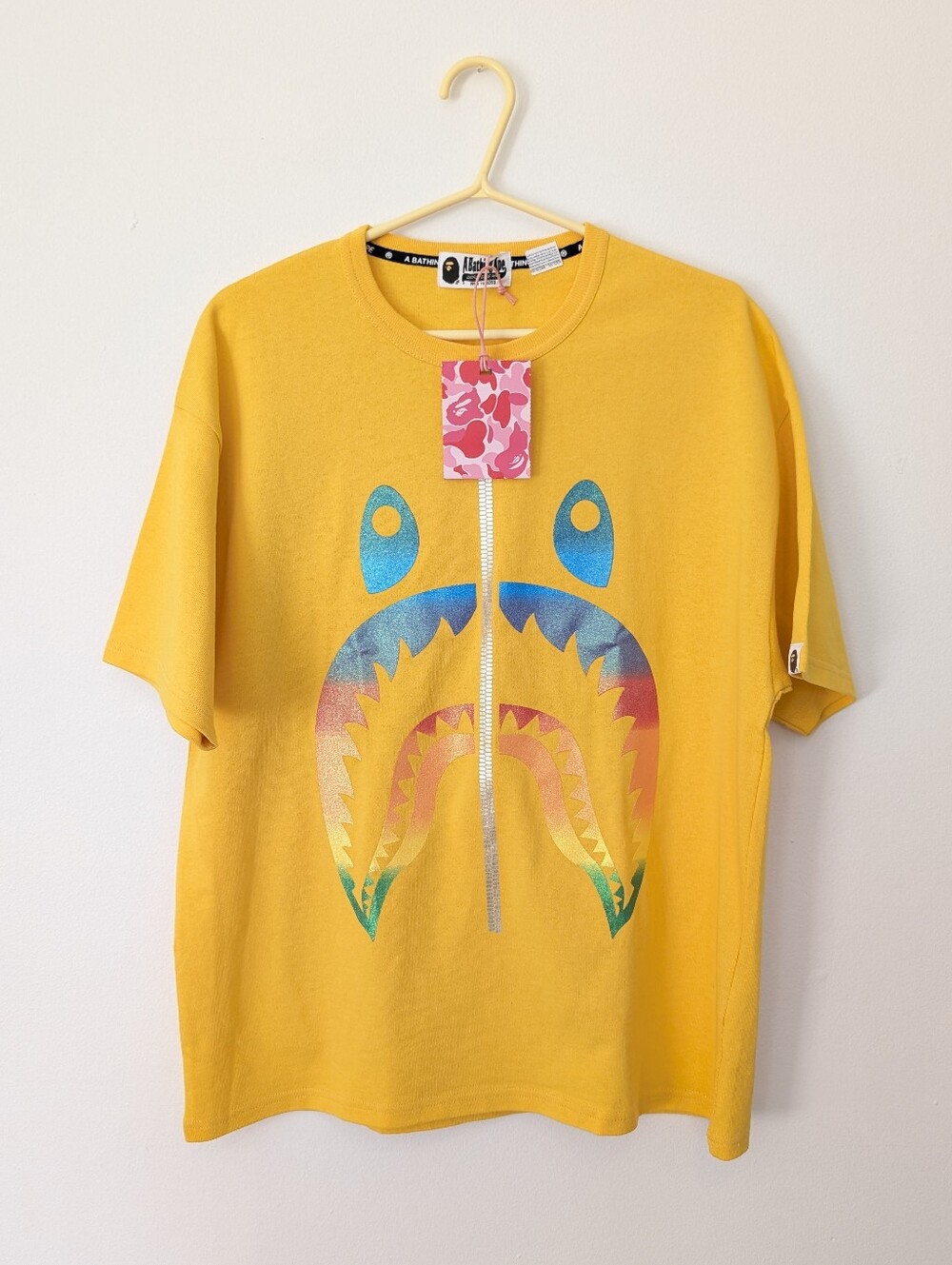 Authentic A Bathing Ape (BAPE) Yellow Rainbow Glitter Shark T-Shirt One Size